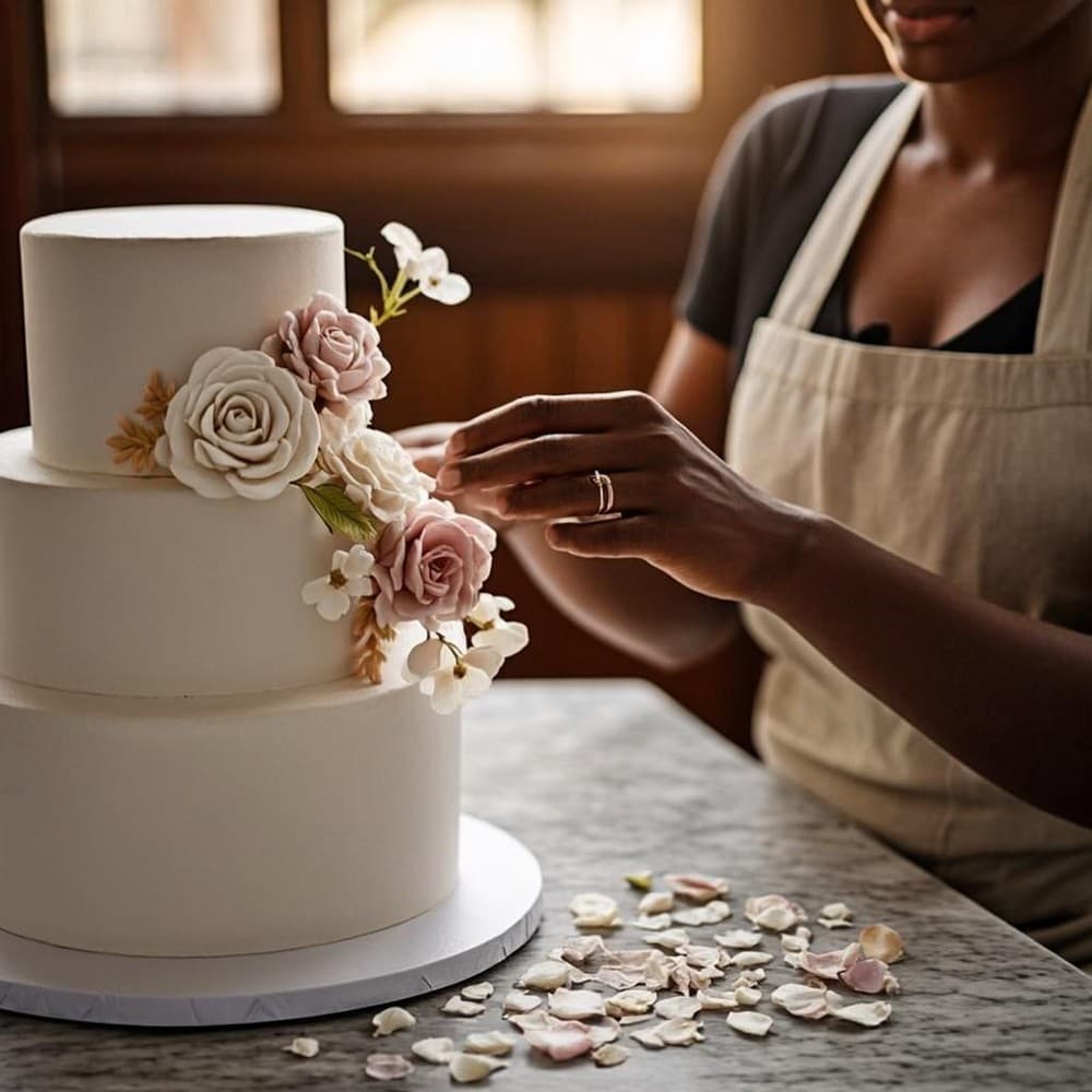 Sugar artist placing hand-crafted blossoms
