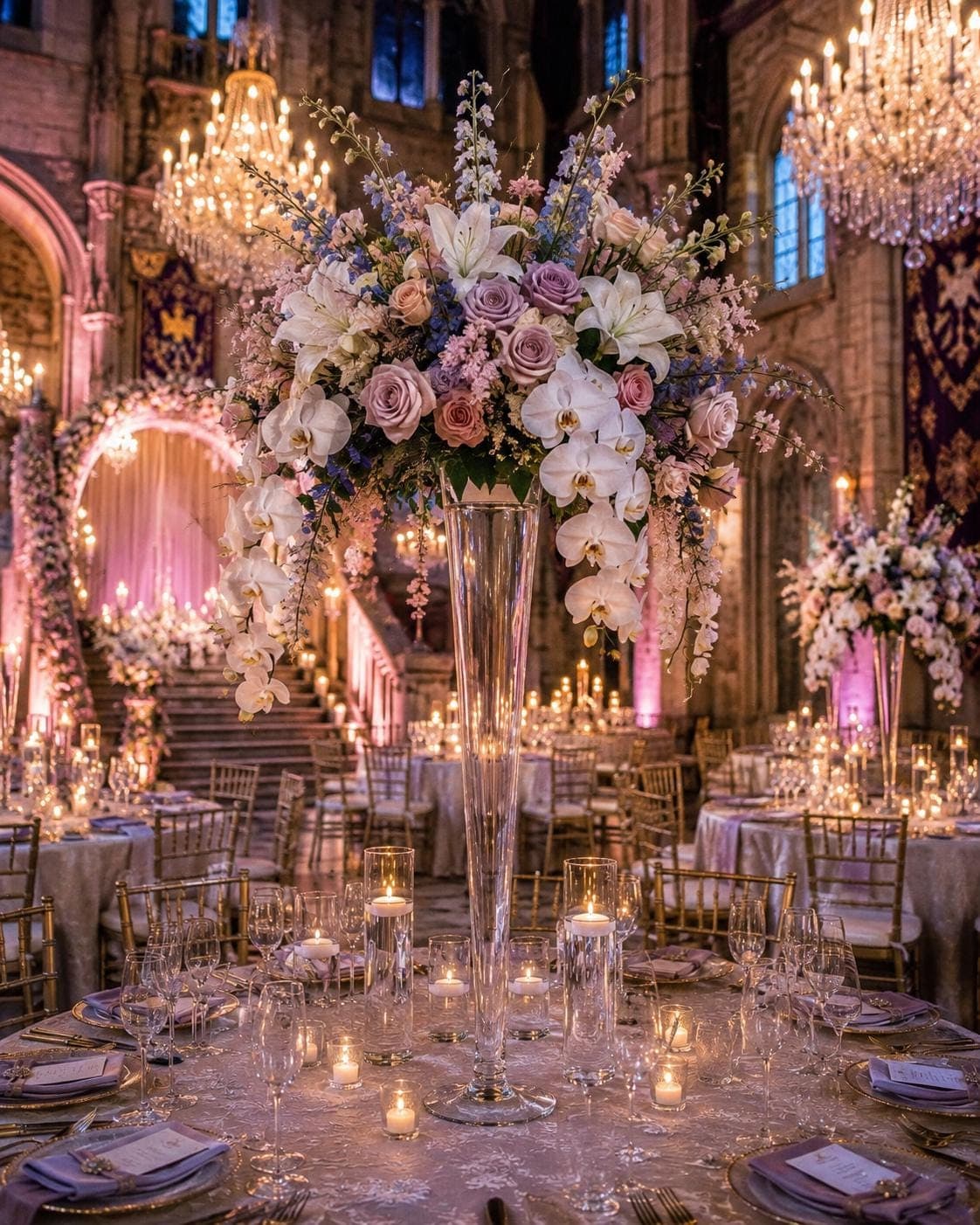 Opulent Lagos ballroom dressed with chandeliers and floral installations