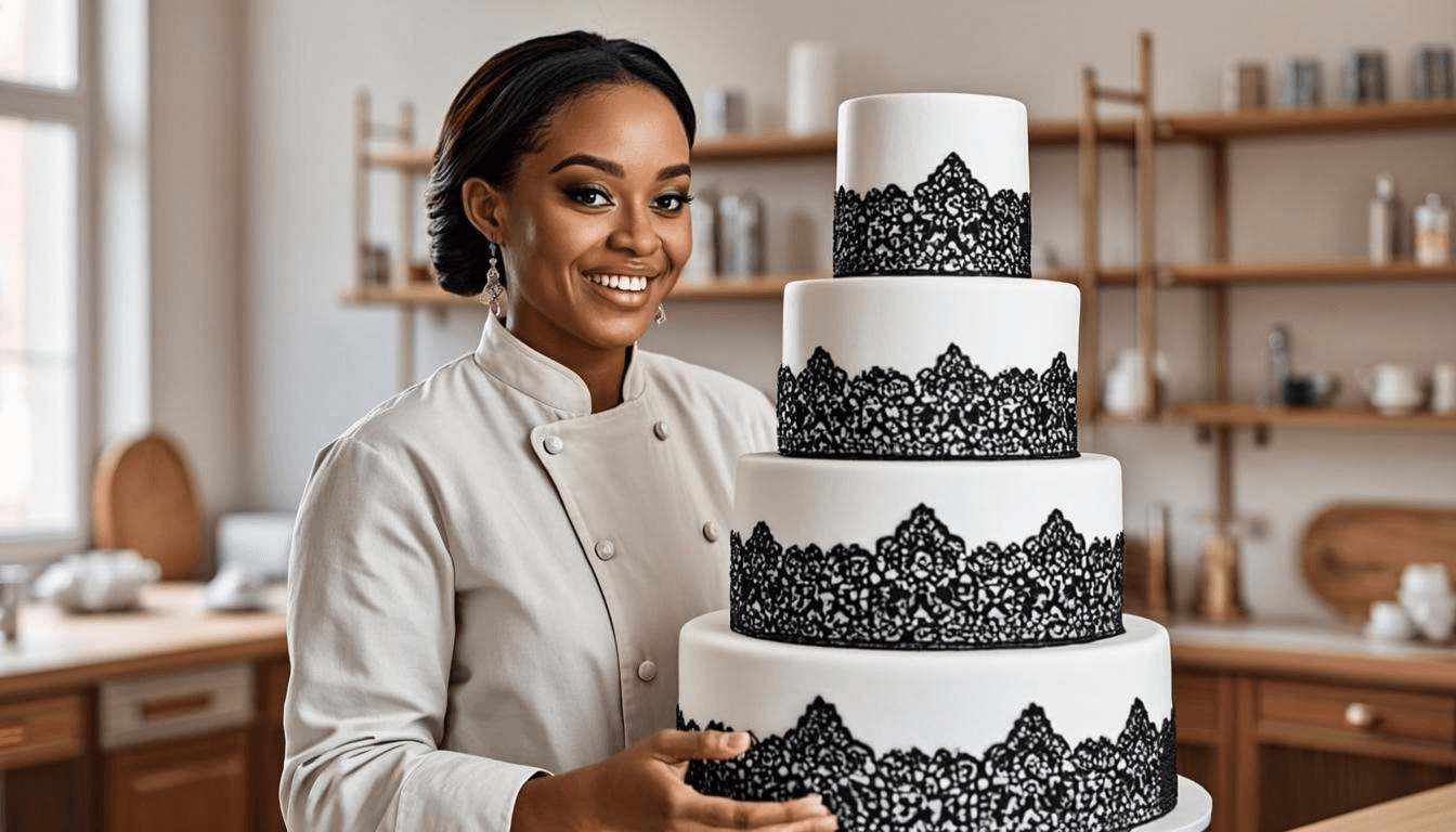 Pastry chef finishing a tiered cake in the Cakeflair kitchen