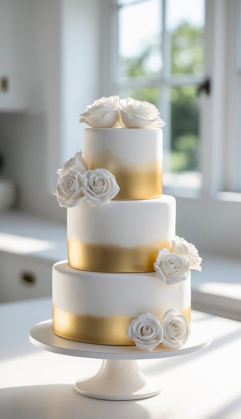 Golden Hour at Ikoyi — 3 tiers · gold banding · garden roses by Cakeflair Couture