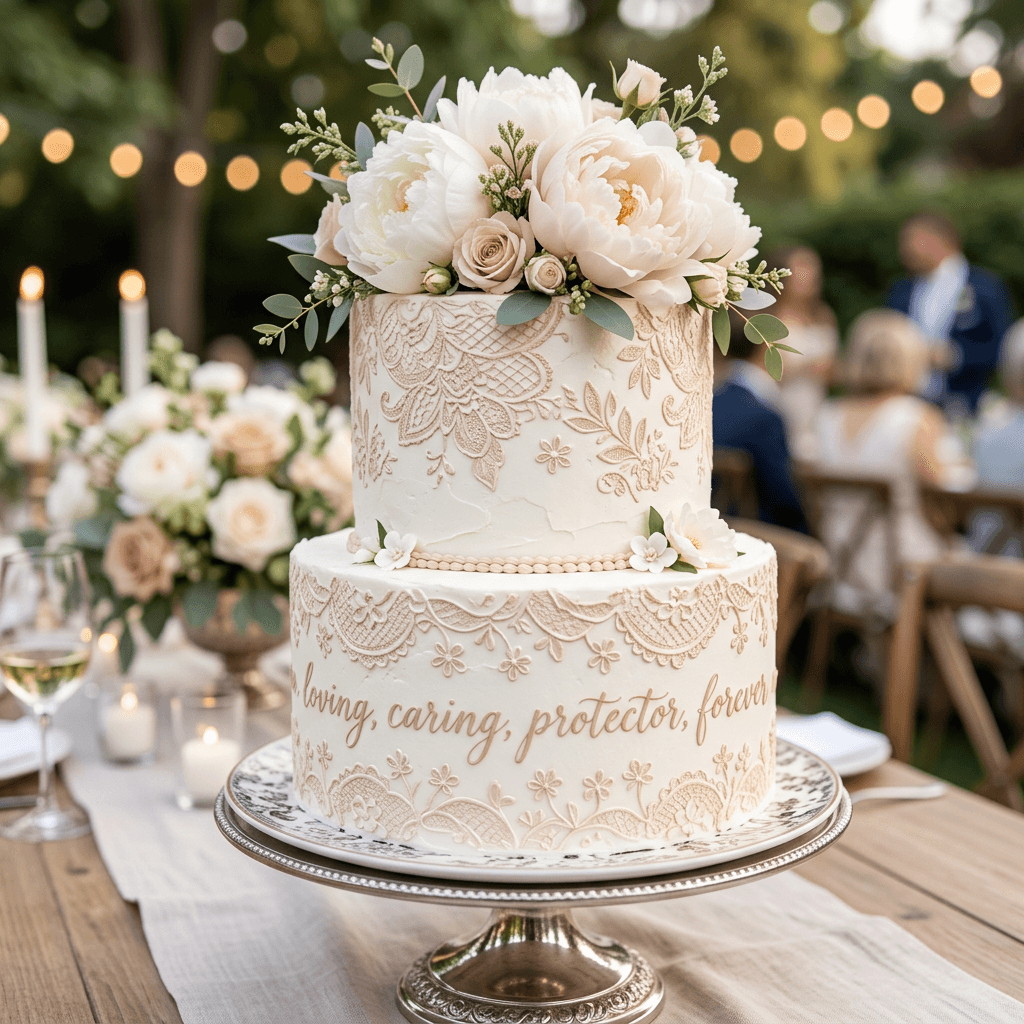 Heirloom Lace — 2 tiers · vintage lace · written in gold by Cakeflair Couture