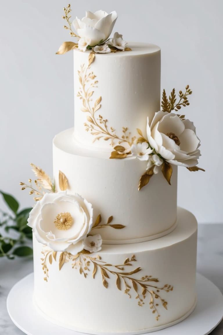 Three-tier ivory wedding cake with hand-painted gold vines and sugar peonies by Cakeflair Couture